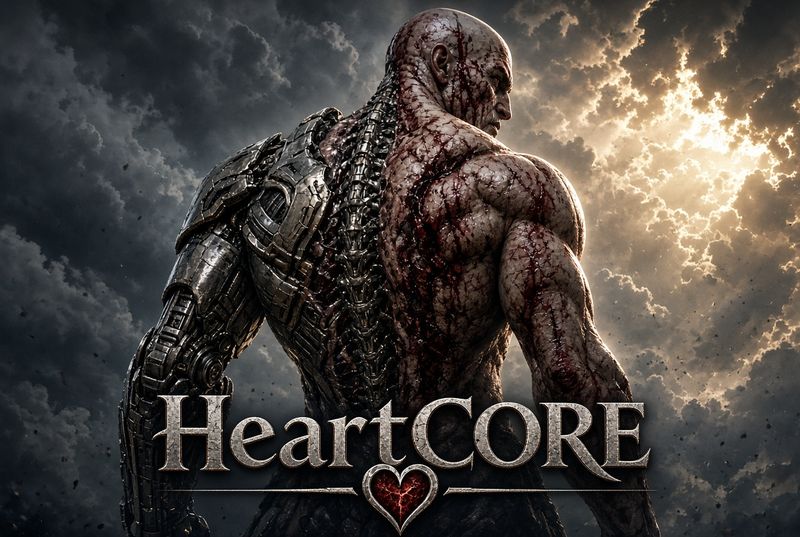 Arte de HeartCORE: un guerrero con cicatrices y ensangrentado, de espaldas, con medio cuerpo cibernético, bajo nubes de tormenta, con el título HeartCORE y un emblema de corazón agrietado